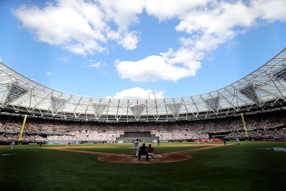 View of baseball stadium from behind home plate