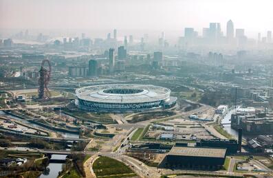 Arial shot of Queen Elizabeth Olympic Park with London Stadium visible