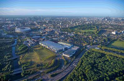 Aerial view of Queen Elizabeth Olympic Park looking from north to south