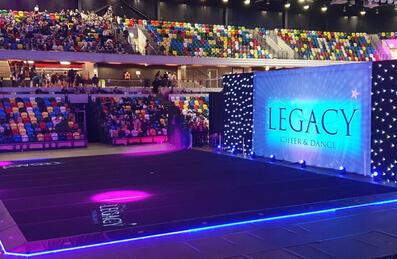 The stage for Legacy Cheer and Dance at Copper Box Arena