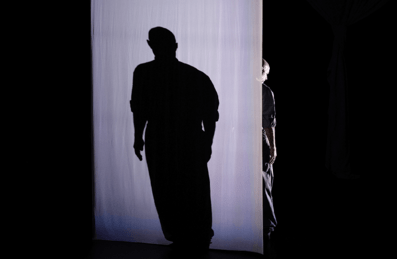 A dancer stands behind a curtain with their shadow shown