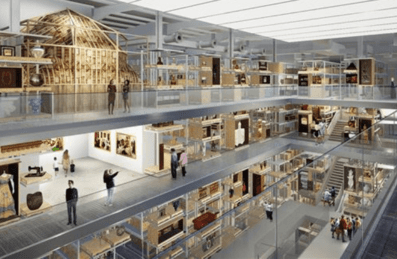 A render of the central Collection Hall at V&A East Storehouse