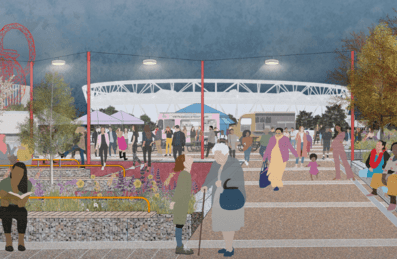 An artist rendering of revitalised space in front of London Stadium