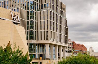 East Bank buildings with London Aquatics Centre in the background