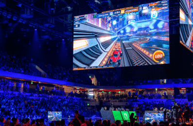 A large screen shows rocket league being payed in front of a crowd