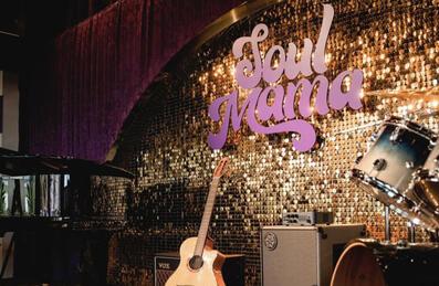 A stage with musical instruments