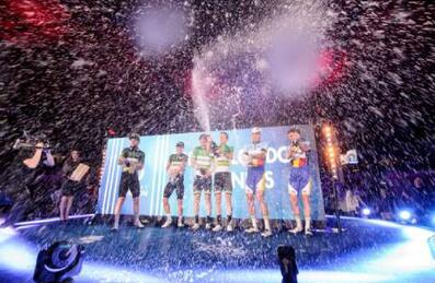 Champions celebrating at Lee Valley VeloPark