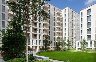 Modern white apartment buildings at East Village