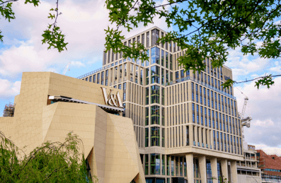 The East Bank buildings shot from a low angle