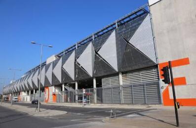 An image of the multi-storey car park adjacent to Here East
