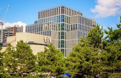 A glimpse of East Bank behind some trees at Queen Elizabeth Olympic Park
