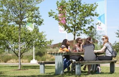 Four women sitting on a picnic bench at Queen Elizabeth Olympic Park and chatting