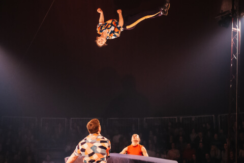 A circus acrobat is thrown high in the air with spotters beneath them